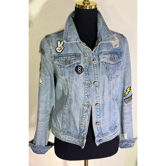 Boom Boom Distressed Jean Jacket Patches Trucker Y2k Festival Cropped Grunge - Picture 4 of 10